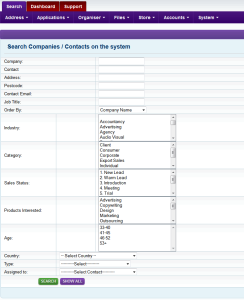 Intrabench CRM - Shows various search criteria for drill down