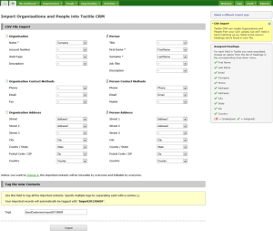 Tactile crm - Data import step 2 - map headers with CRM fields